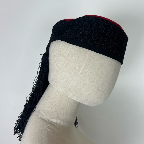 TASSEL FRINGE 1950’s Wool Soutache Embroidered Red and Black Women's Pillbox Hat - Picture 9 of 17